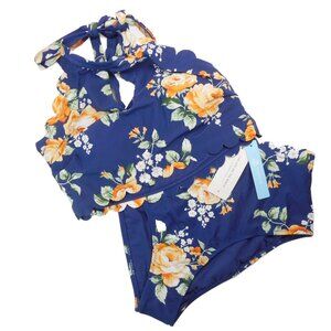 NWT Cupshe Women's Size S High Waisted Blue Floral Halter 2-Piece Swimsuit